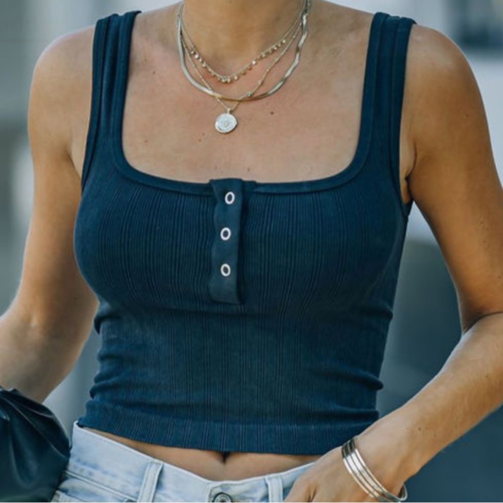 Ribbed Henley Cropped Tank Top Navy Blue